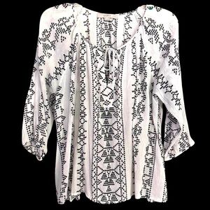 Ann Taylor LOFT 100% Cotton Boho Style Blouse Black/White Size Large Petite NWOT